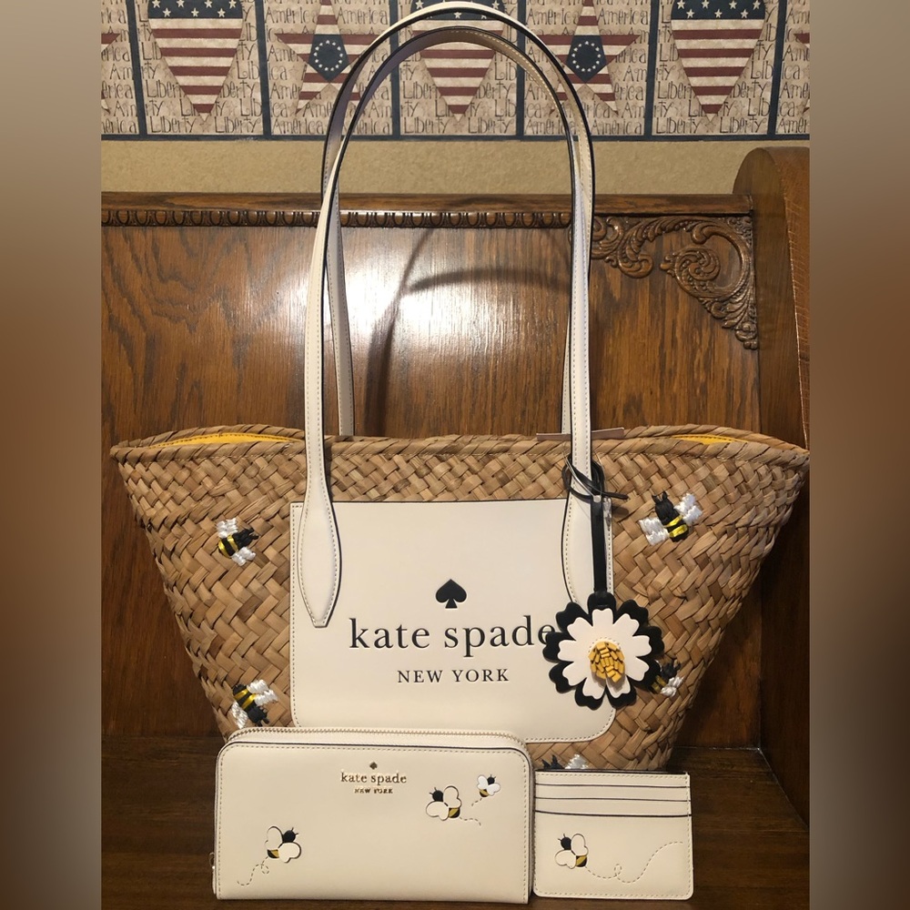 *NWT-Kate Spade-Honey Bee 🐝 Straw/Leather Tote, Lg Wallet & Card Holder-807: